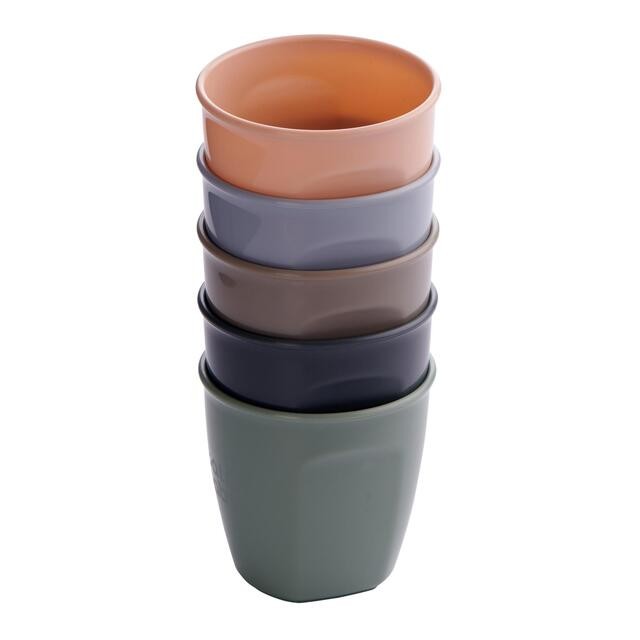 Set of five stacking cups in natural tones: peach, grey, taupe, dark grey, and green, made from durable plastic, designed for hydration and easy handling.