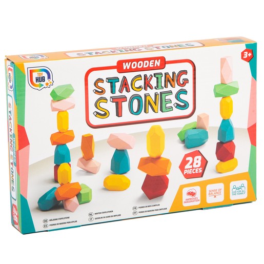 Colorful wooden stacking stones in various shapes, including triangles and hexagons, displayed in a box, featuring 28 pieces designed for children aged 3 and up.