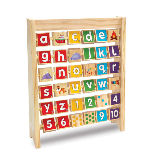 A wooden abacus with colorful, lettered blocks featuring letters, numbers, and illustrations, arranged in a sturdy frame for educational play.