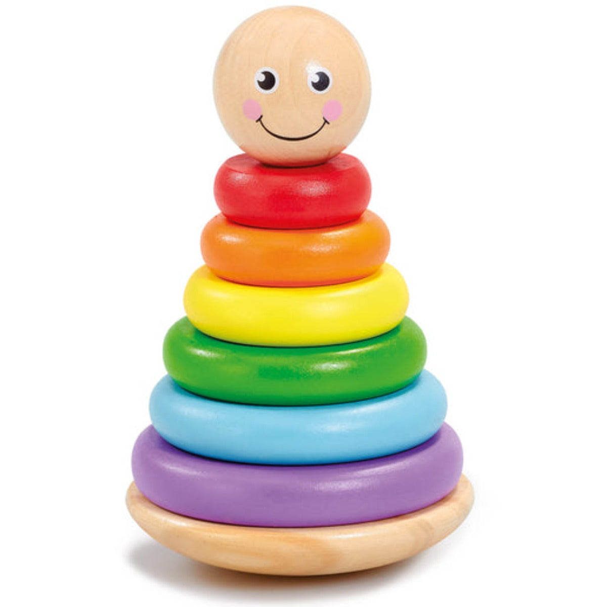 Colorful wooden stacking toy featuring a smiling wooden head on top, with rings in red, orange, yellow, green, blue, and purple, all resting on a circular wooden base.