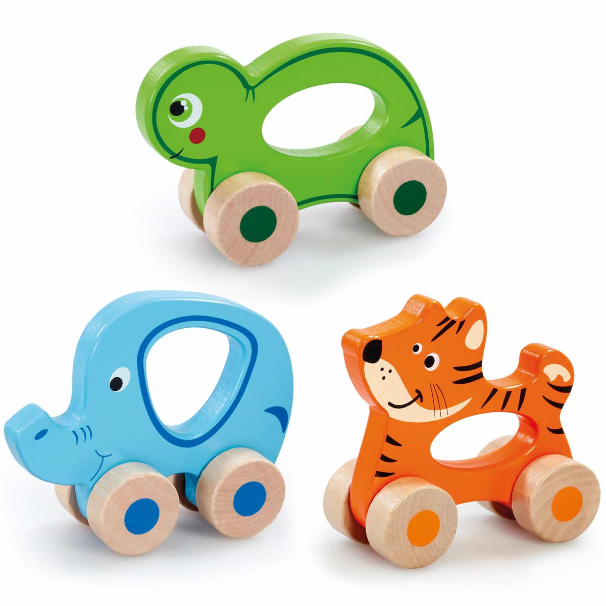 Three colorful wooden animal toys on wheels: a green frog, a blue elephant, and an orange tiger, each featuring playful designs and rounded edges for safe play.