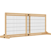 Adjustable wooden pet gate with metal bars, freestanding design, light wood finish, suitable for doorways.