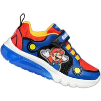 Blue and red Geox Ciberdron A baby boy sneakers with cartoon character, Velcro strap, and white sole.
