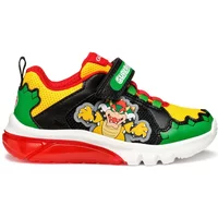 Colorful Geox Ciberdron A baby boy trainers with cartoon design, Velcro strap, red sole, and yellow, green, black accents.