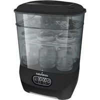Black Baby Brezza Bottle Sterilizer & Dryer with digital display and transparent lid showing bottles inside.