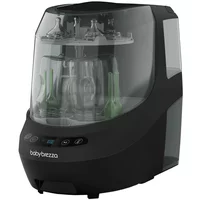 Black Baby Brezza Bottle Washer Pro with transparent door, digital controls, and interior bottle racks.