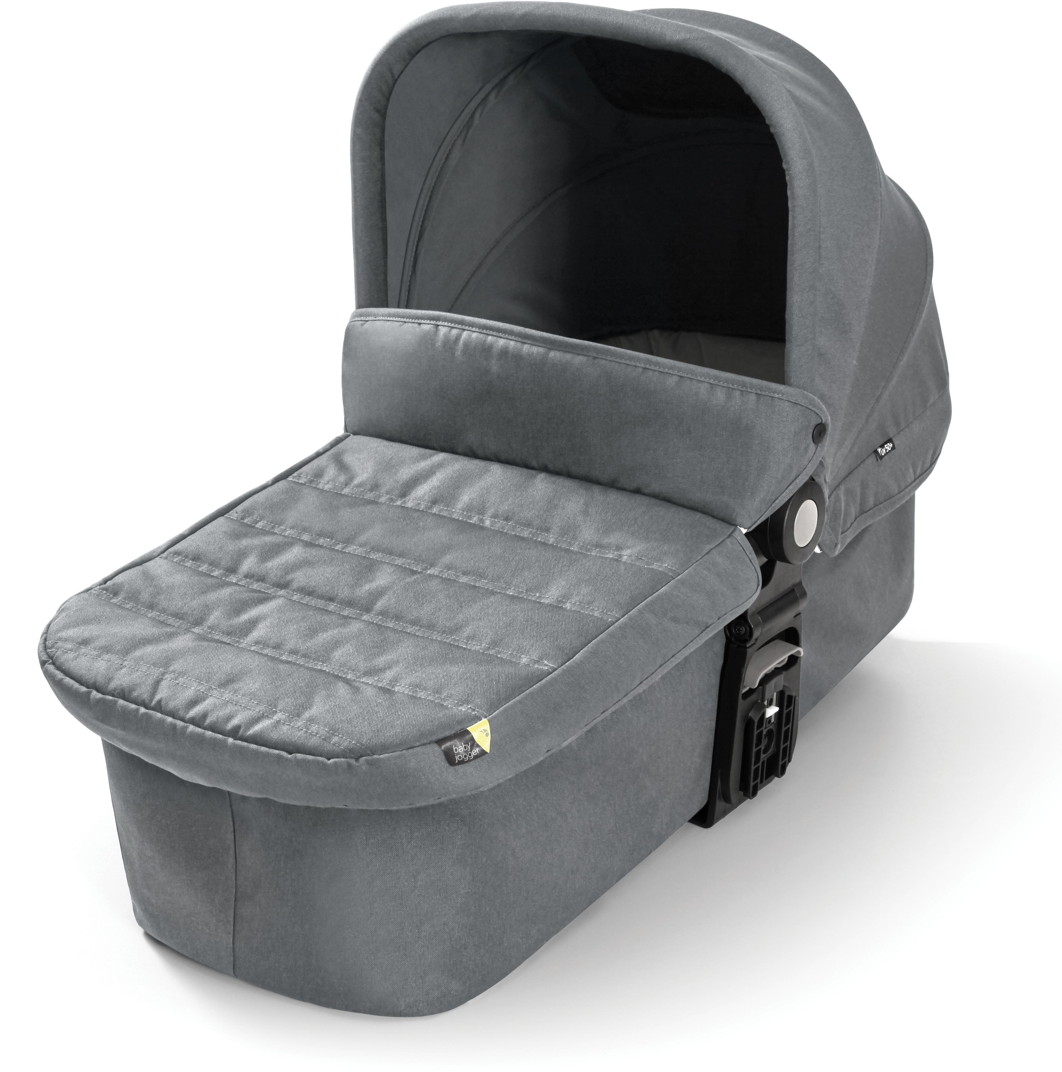 Slate gray Baby Jogger City Tour Lux Carrycot with padded interior and adjustable canopy.