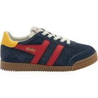 Navy blue baby trainers with red stripes, yellow heel, white laces, and brown sole by Gola Classics Elan.