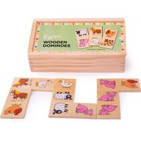 Wooden farm dominoes set with animal illustrations, including pigs, cows, and chickens, in a wooden box.