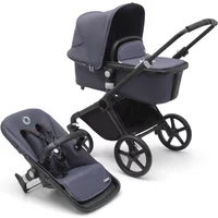 Black and stormy blue Bugaboo Fox Cub pushchair with large wheels, adjustable canopy, and detachable seat.
