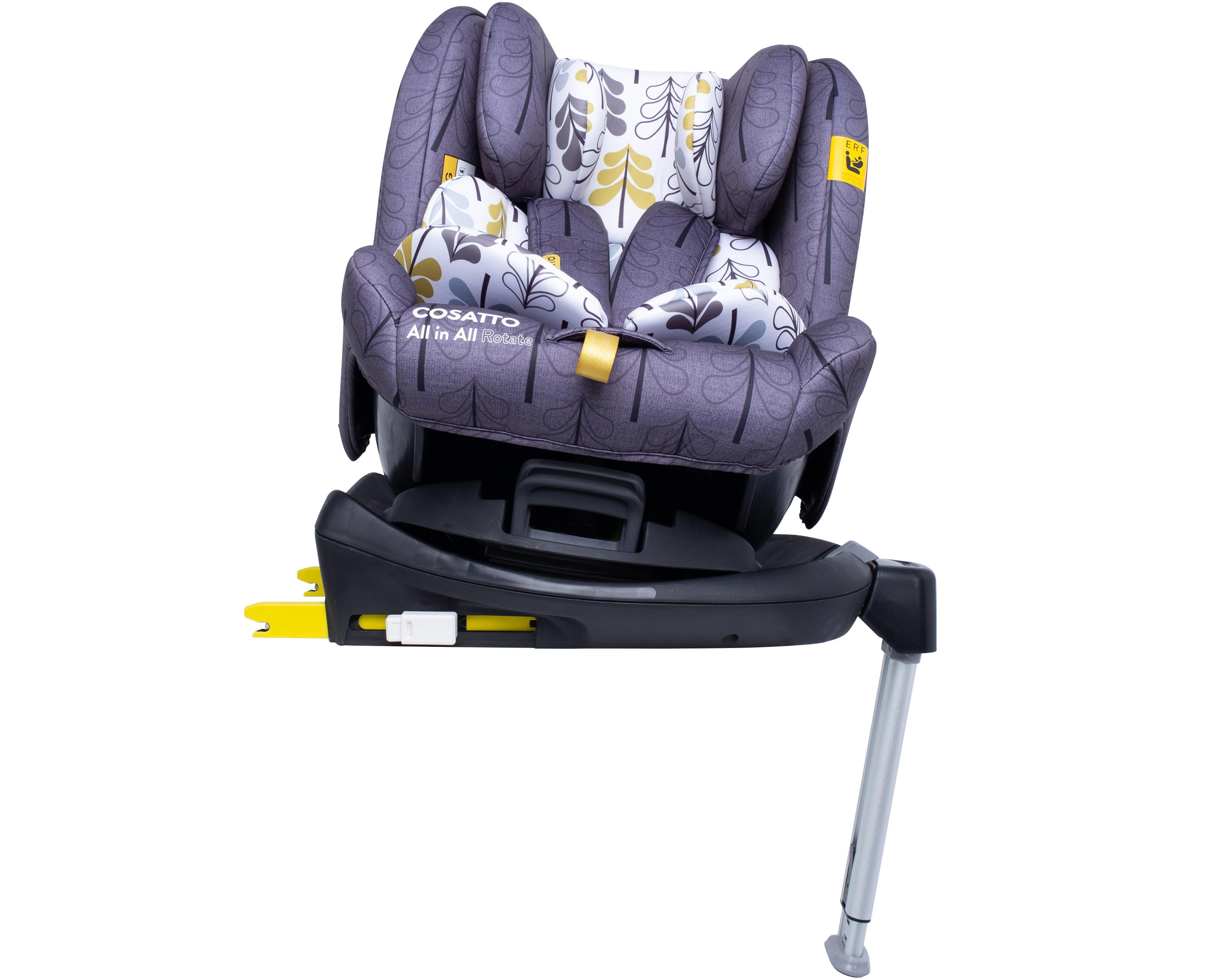 Gray Cosatto child car seat with leaf pattern, ISOFIX base, and adjustable headrest.