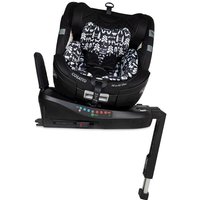 Black Cosatto 360 car seat with monochrome pattern, adjustable base, and safety harness.