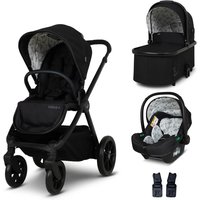 Black Cosatto Giggle 4 travel system with fox-patterned interior, including stroller, car seat, and carrycot.