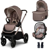 Cosatto Giggle 4 bundle in beige with stroller, carrycot, and car seat featuring black wheels and patterned interior.