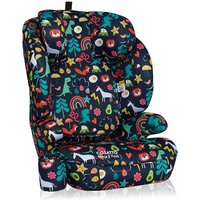 Cosatto Ninja 2 i-Size car seat in blue with colorful carnival-themed patterns of animals, stars, and rainbows.