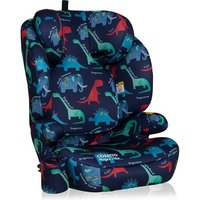 Cosatto Ninja 2 i-Size car seat in blue with colorful dinosaur pattern, featuring padded headrest and armrests.