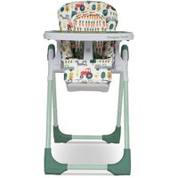Cosatto Noodle 0+ highchair, Old Macdonald print, green legs, farm-themed pattern with animals and tractors.