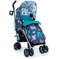 Blue Cosatto Supa 3 stroller with dragon print, black frame, teal accents, and multi-position reclining seat.