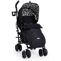 Black Cosatto Supa 3 stroller with quilted seat, cup holder, and patterned canopy.