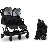 Black Cosatto Yo! Double stroller with fox pattern canopy, dual seats, and compact foldable design.