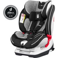 Graphite grey Cozy 'N Safe 0+/1/2/3 car seat with padded headrest, black harness, and red safety accents.