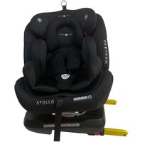 Black Cozy 'N Safe Apollo 360° car seat with padded headrest, harness, and yellow base connectors.