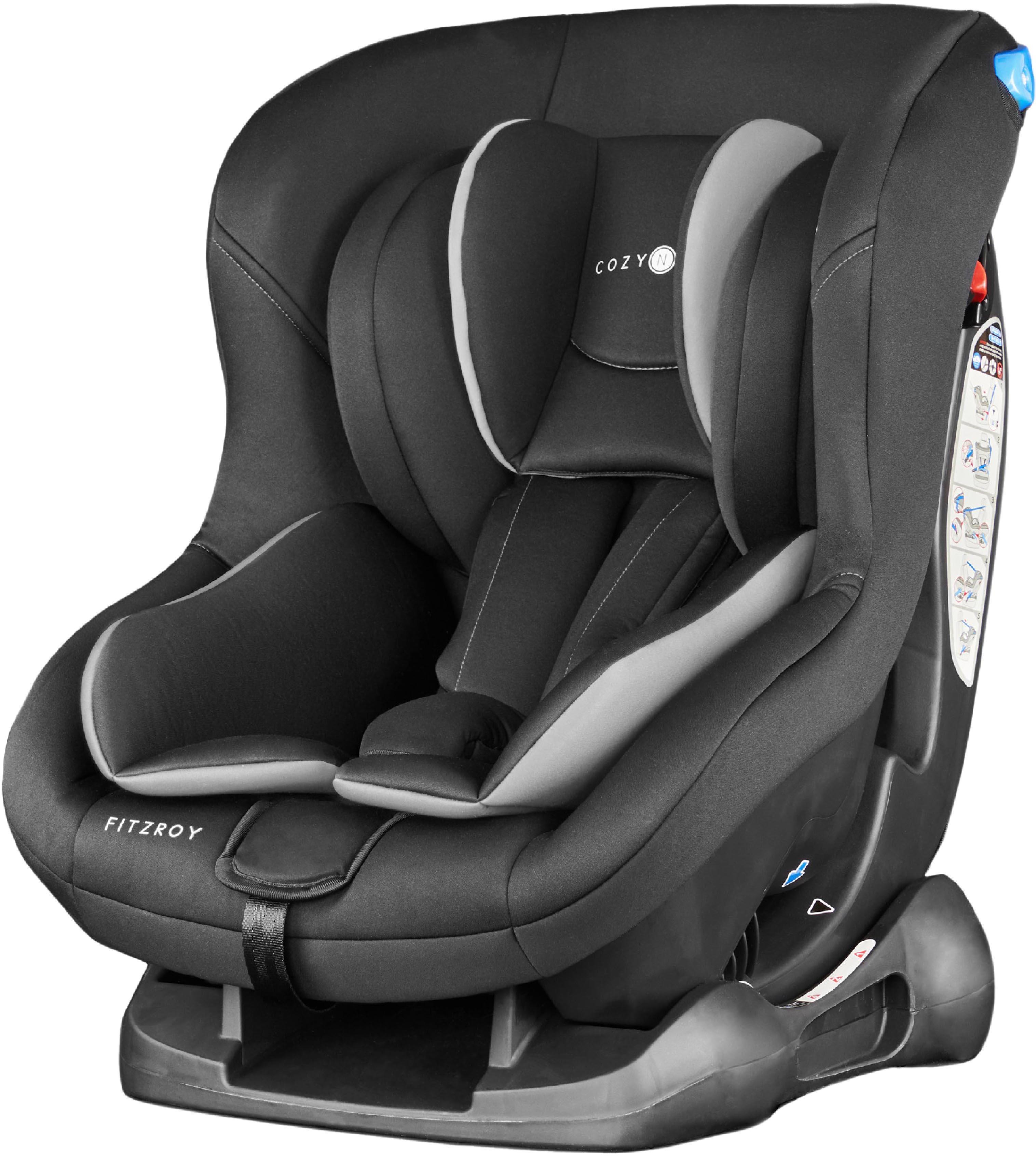 Black and grey Cozy N Safe Fitzroy child car seat with padded headrest and side protection.