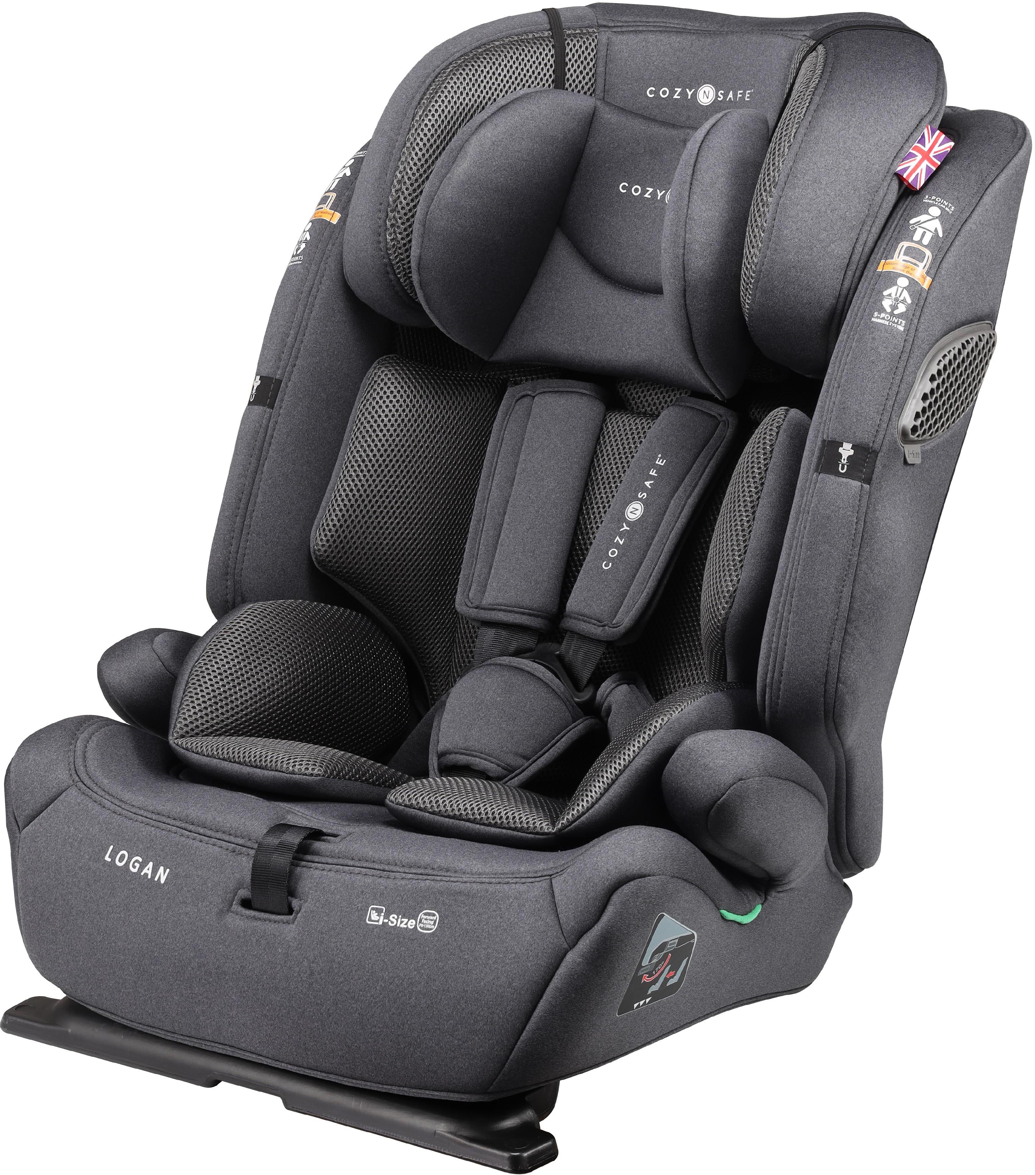 Black and grey Cozy N Safe Logan child car seat with padded headrest, harness, and side impact protection.