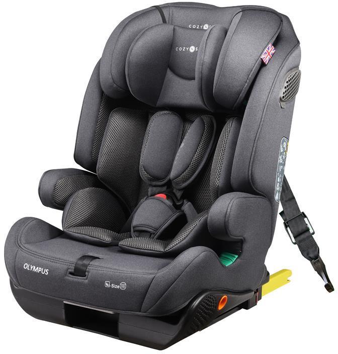 Black and grey Cozy N Safe Olympus child seat with padded headrest, side impact protection, and adjustable harness.