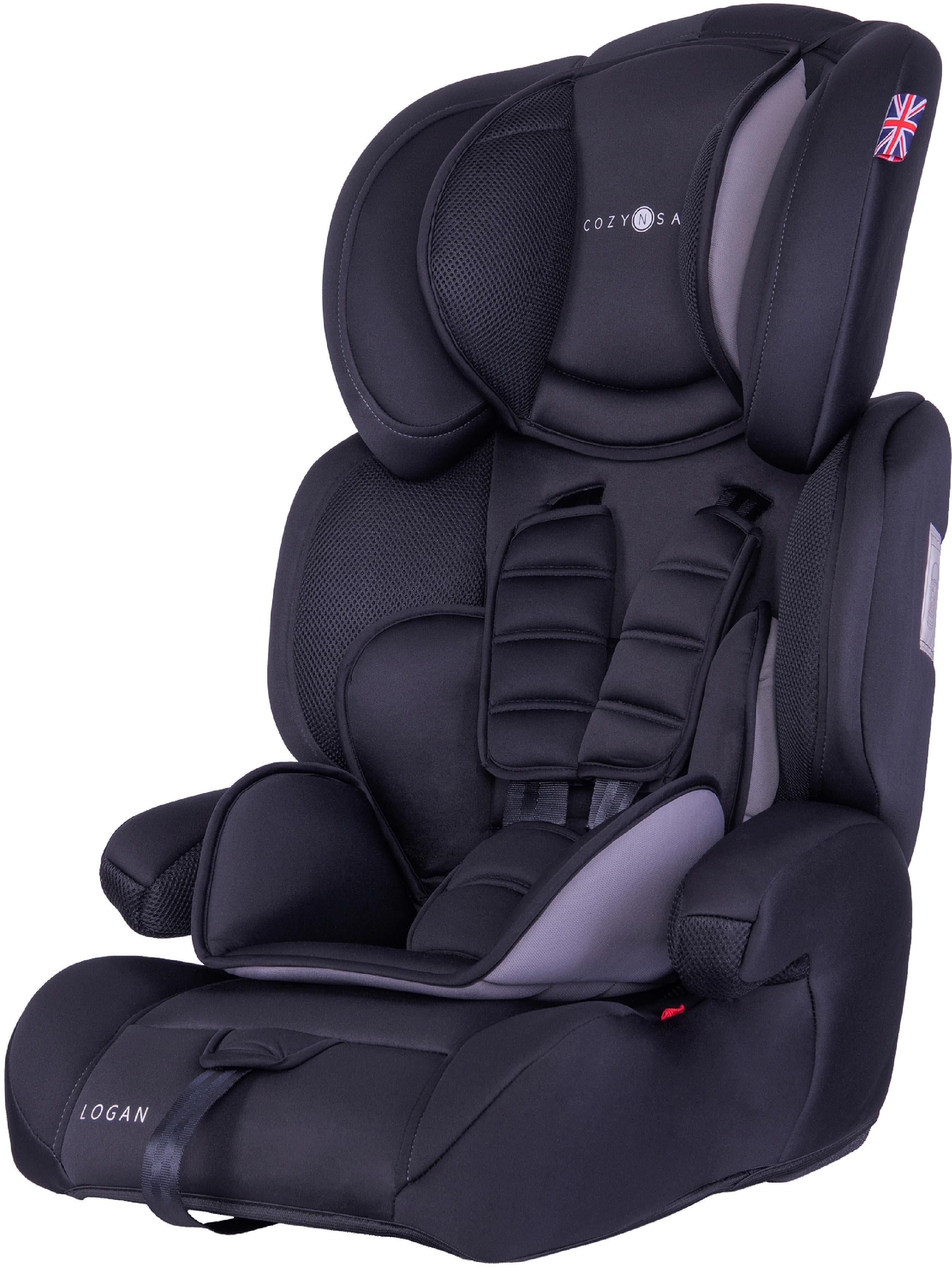 CozyNSafe Logan black/grey child car seat with padded headrest, adjustable harness, and UK flag detail.