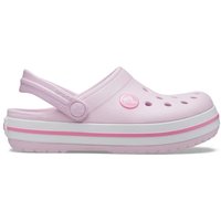 Pink Crocs toddler clog with white and pink striped sole, perforated top, and adjustable heel strap.