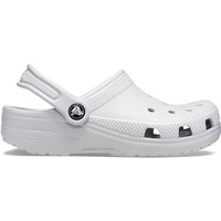 White Crocs Kids Classic Clog, Infant size 1, with ventilation holes and adjustable heel strap.