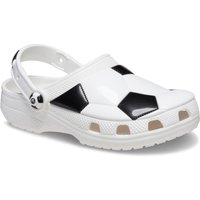 White Crocs Kids Classic Fun Lab Clog with black soccer ball pattern, adjustable heel strap, and ventilation holes.