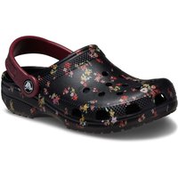 Black Crocs Kids Classic Graphic Clog with floral pattern and maroon heel strap, size 2.