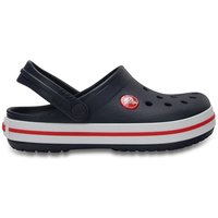 Navy Crocs Kids Crocband Clog with red and white stripe, perforated top, and adjustable heel strap, Size 2.