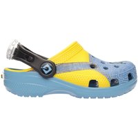 Black toddler Crocs with "Despicable Me" theme, featuring Minion graphics, yellow strap, and blue sole, size Infant 6.