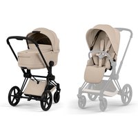 Cybex Platinum PRIAM stroller set in cozy beige with matt black frame, featuring a bassinet and toddler seat.