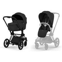 Cybex Platinum PRIAM stroller set in sepia black with matte black frame, featuring a bassinet and adjustable seat.