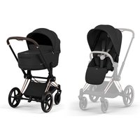 Cybex Platinum PRIAM stroller set, sepia black fabric, rose gold frame, with adjustable seat and large wheels.