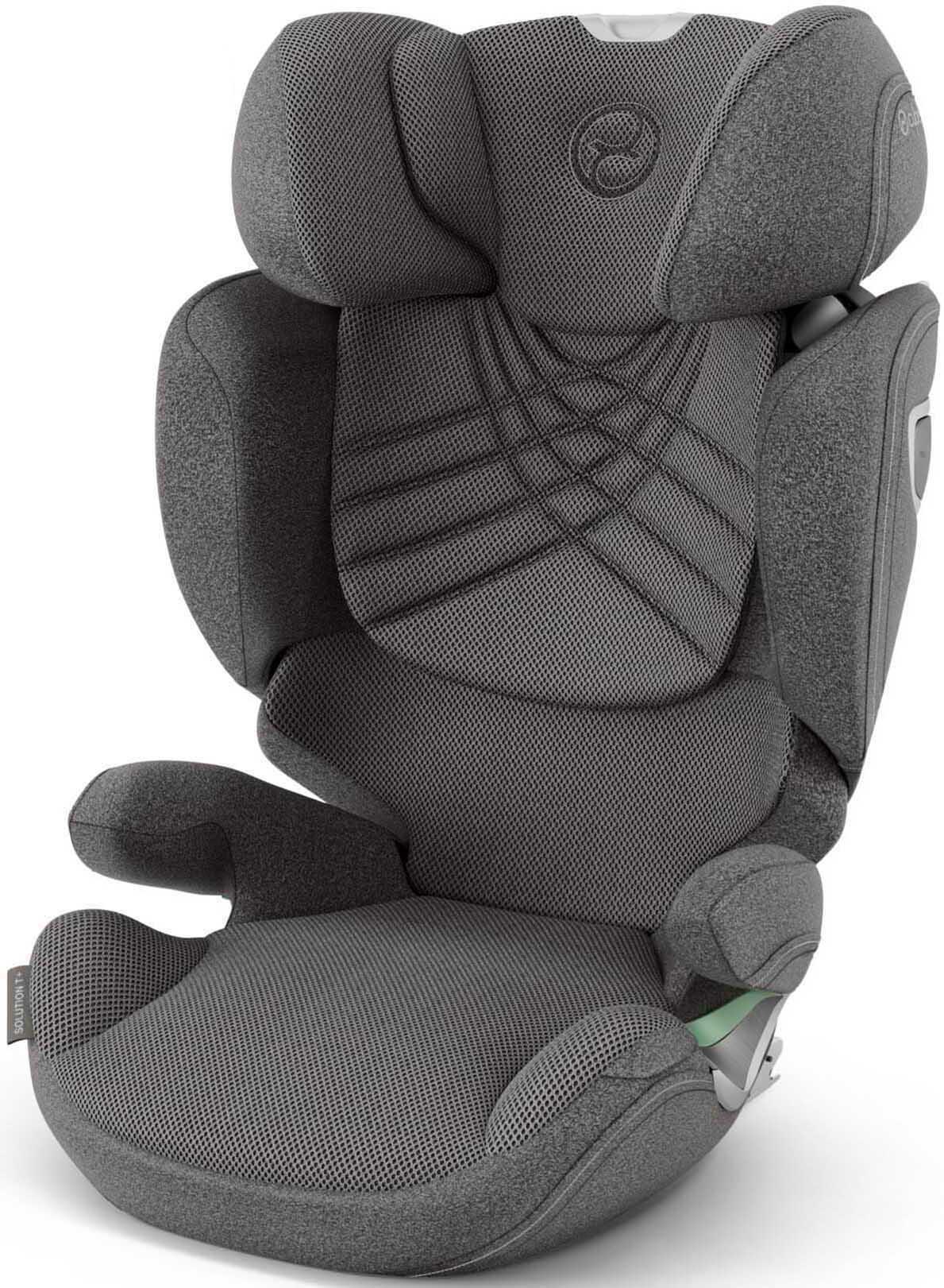 Grey Cybex Solution T i-Fix Group 2/3 car seat with padded headrest, side impact protection, and adjustable backrest.