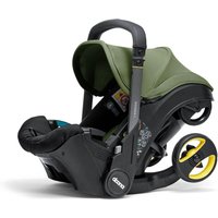 Desert green Doona i Infant Car Seat with integrated wheels and black frame, includes free vehicle seat protector.