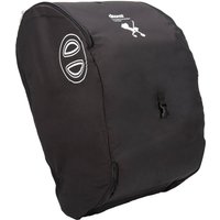 Black Doona padded travel bag with rounded shape, white logo, and dual side handles.