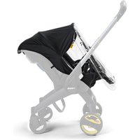 Clear Doona raincover on black stroller, transparent cover fits over seat, attached to grey frame with yellow wheel accents.