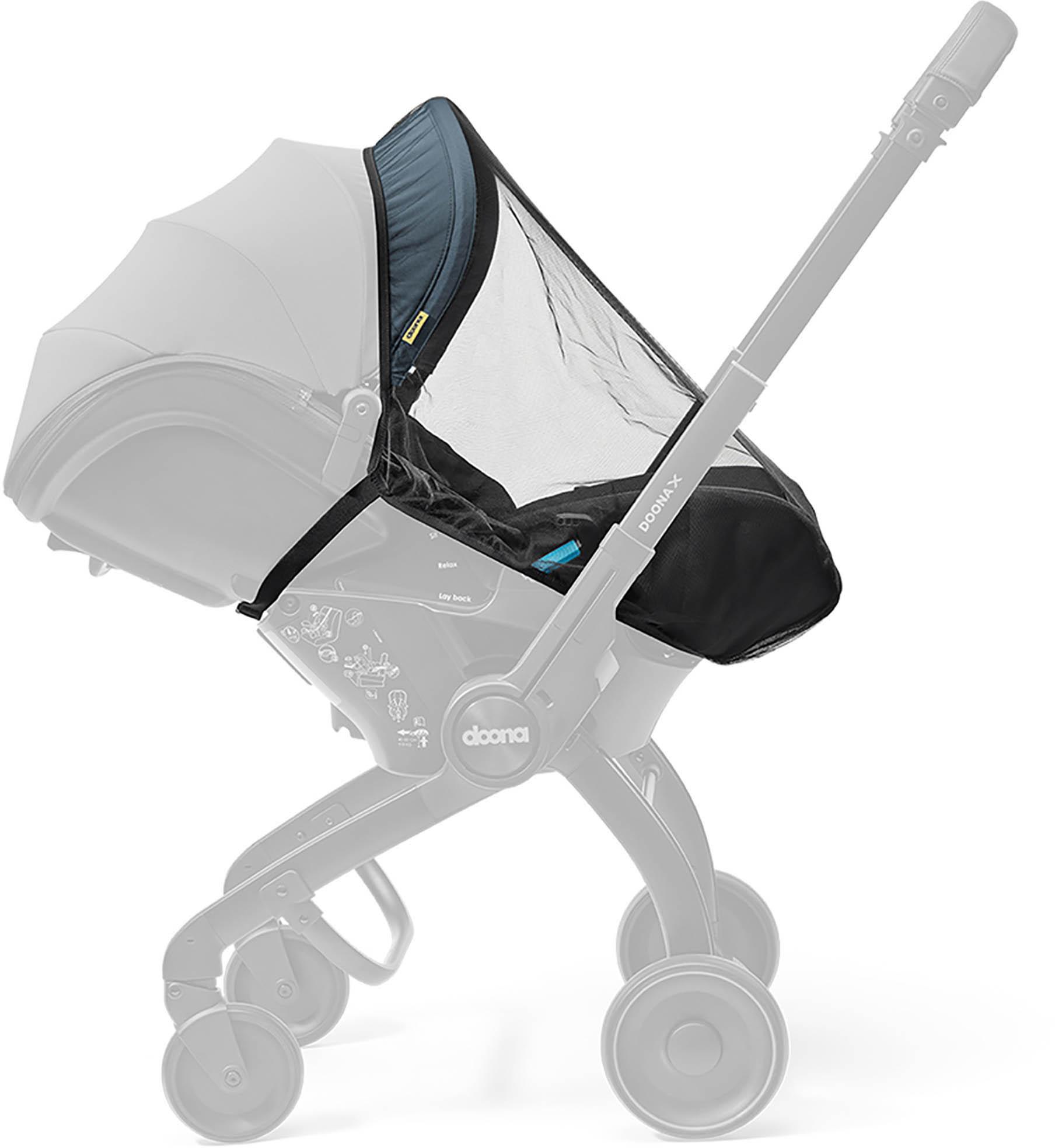 Black and transparent Doona X insect net attached to a gray stroller frame, featuring a sleek design.