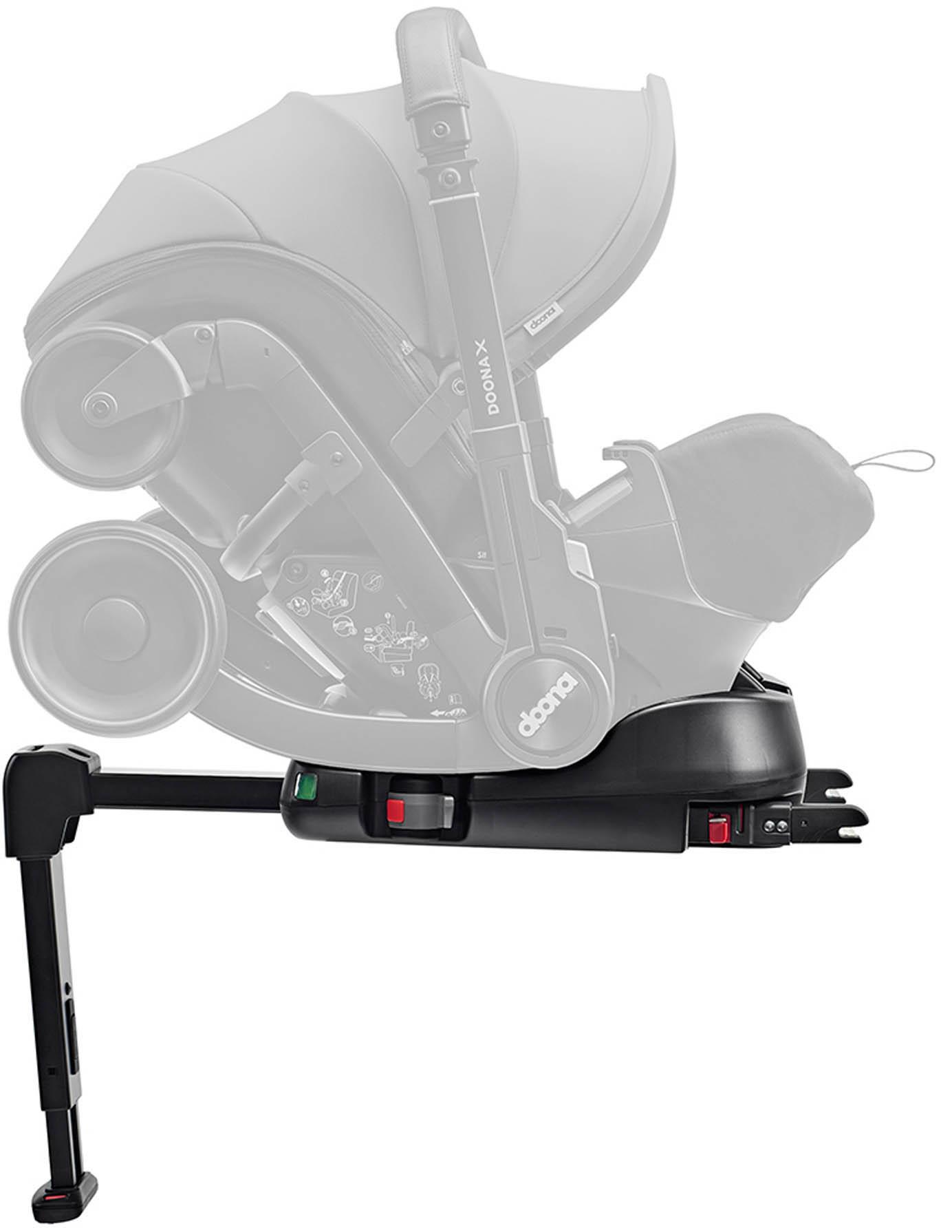 Black Doona X iSOFiX Base with adjustable support leg and secure locking mechanism for car seat installation.