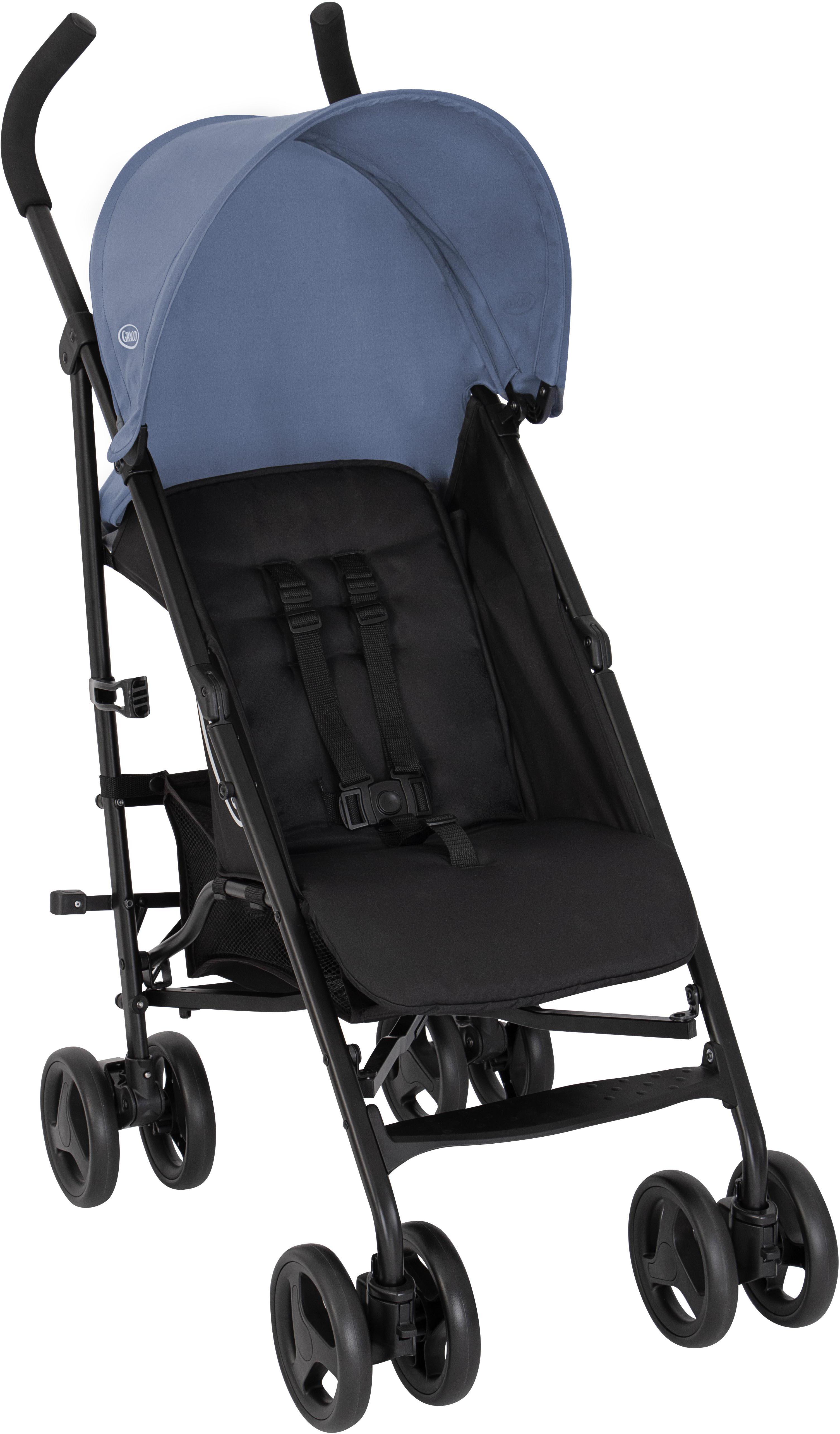 Graco EZLite Lightweight Travel Stroller, black frame, blue canopy, padded seat, and swivel wheels.