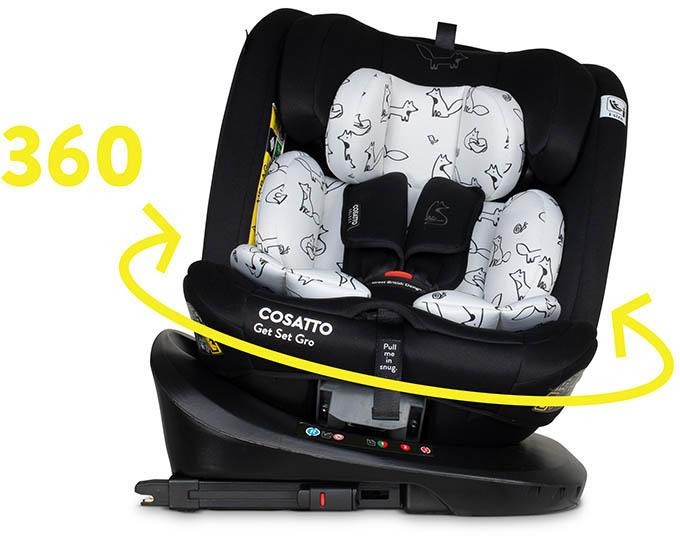 Black Cosatto i-Size 360 car seat with white fox pattern, rotating base, and padded harness.