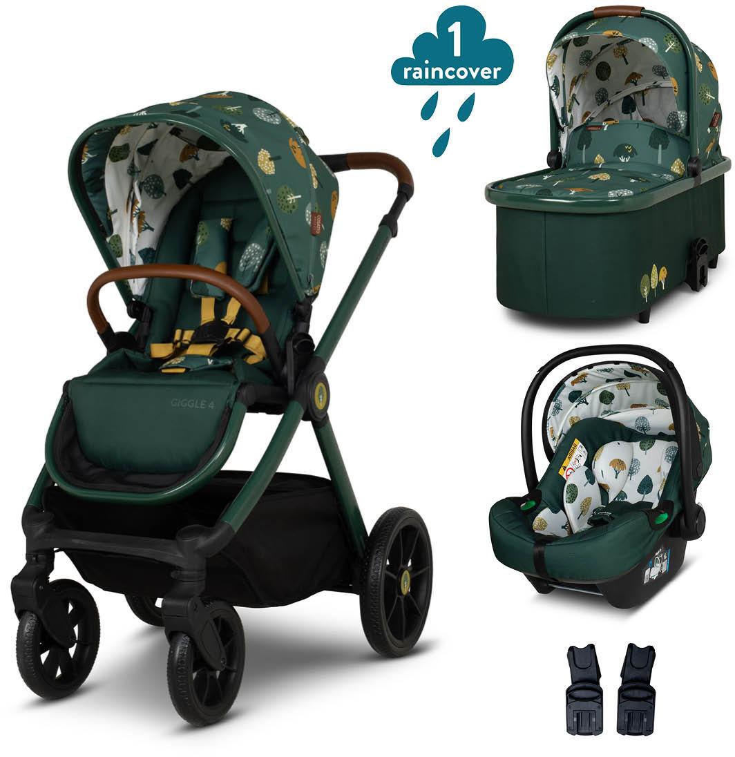 Green Cosatto Giggle 4 car seat bundle with woodland print, includes stroller, carrycot, car seat, and rain cover.