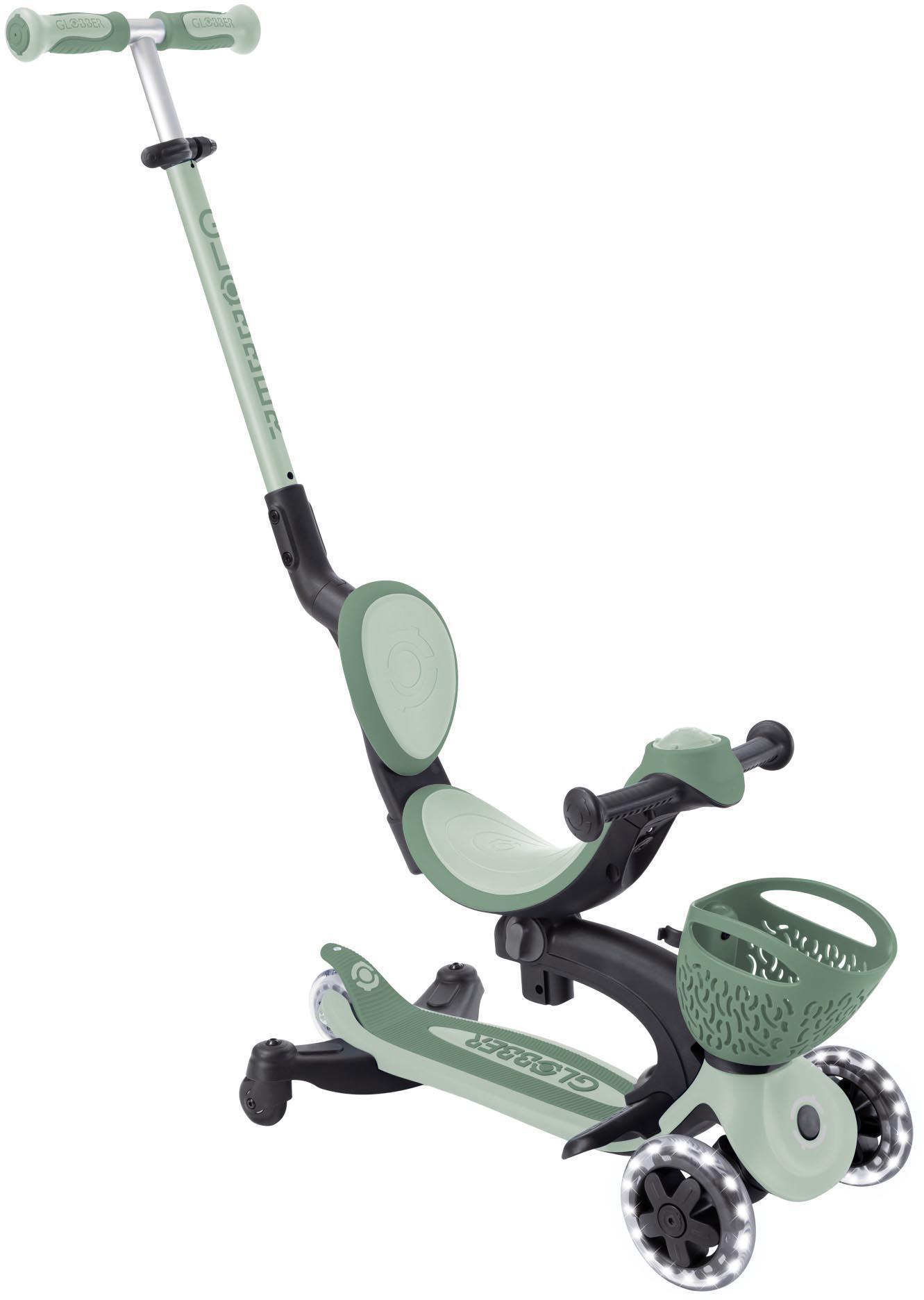 Sage green Globber Go Up Baby 360 Lights scooter with adjustable handle, seat, basket, and LED wheels.