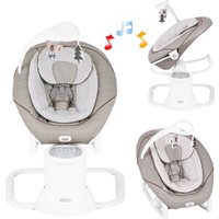 Beige Graco baby soother with plush seat, mobile toys, and music notes, featuring adjustable positions and white base.